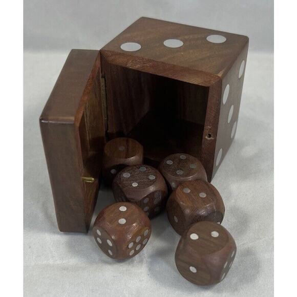 Hand Carved Wooden Dice in Die Shaped Storage Box Handmade - Picture 1 of 9